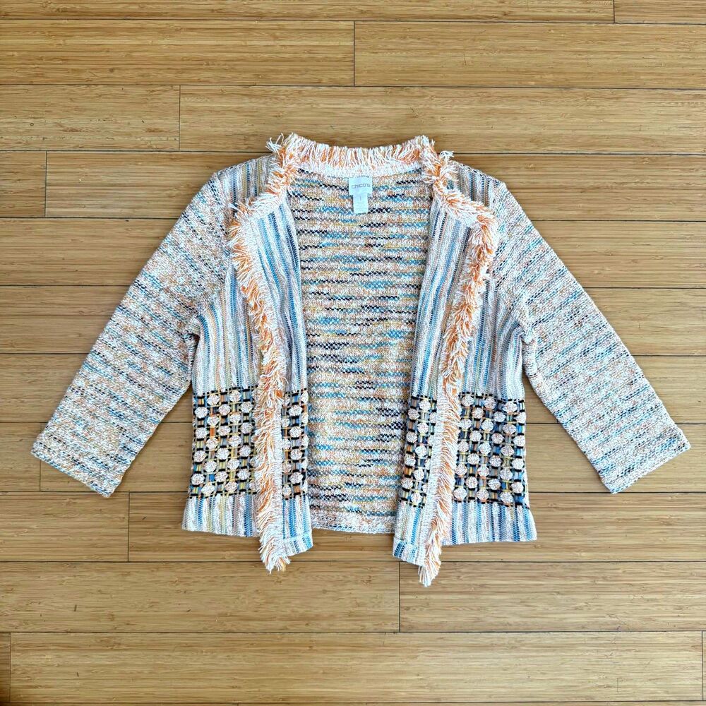 Chico’s Textured Fringe Knit Jacket 1 Multicolor Boho Artsy Statement Cardigan